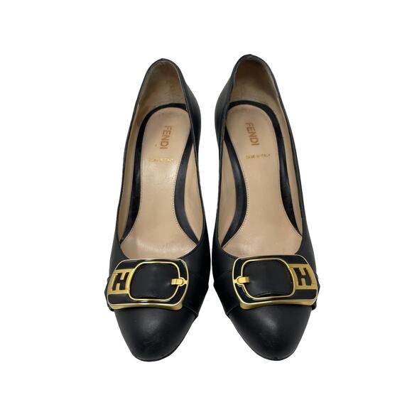 Fendi Heels Womens 36.5 FF Buckle Pumps Black Gold Leather Round Toe Slip On - Picture 2 of 12